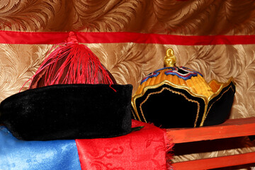 National Mongolian headgear. Clothes of nomadic peoples of Mongolia