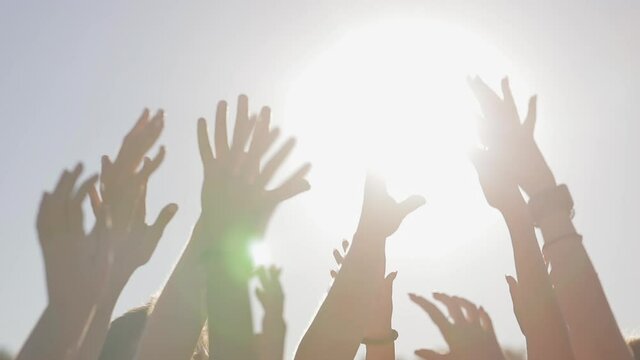 The hands of a group of young people reach out to the sun and wave their palms. People are drawn to the light.