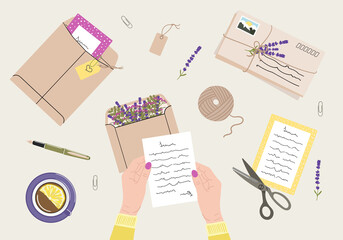Flat lay illustration of envelopes, letters, stamps, stationery and white female hands holding mails. Workspace and table top view. Hand drawn vector illustration