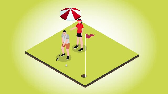 Female caddy using umbrella for protect on golfer