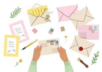 Flat lay illustration of envelopes, letters, postage stamps, stationery and tan female hands holding mails. Workspace top view. Hand drawn vector illustration