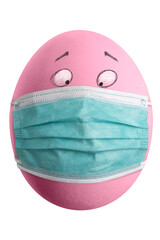 Large picture of an colored easter egg with drawn eyes and a corona mask.