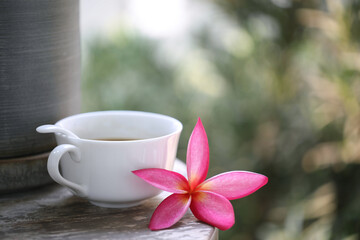 White coffee cup and pink frangipani flower closeup on wooden table