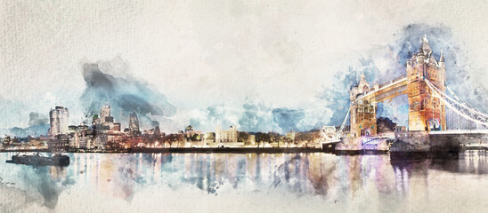 Watercolor painting of London panorama with Tower Bridge