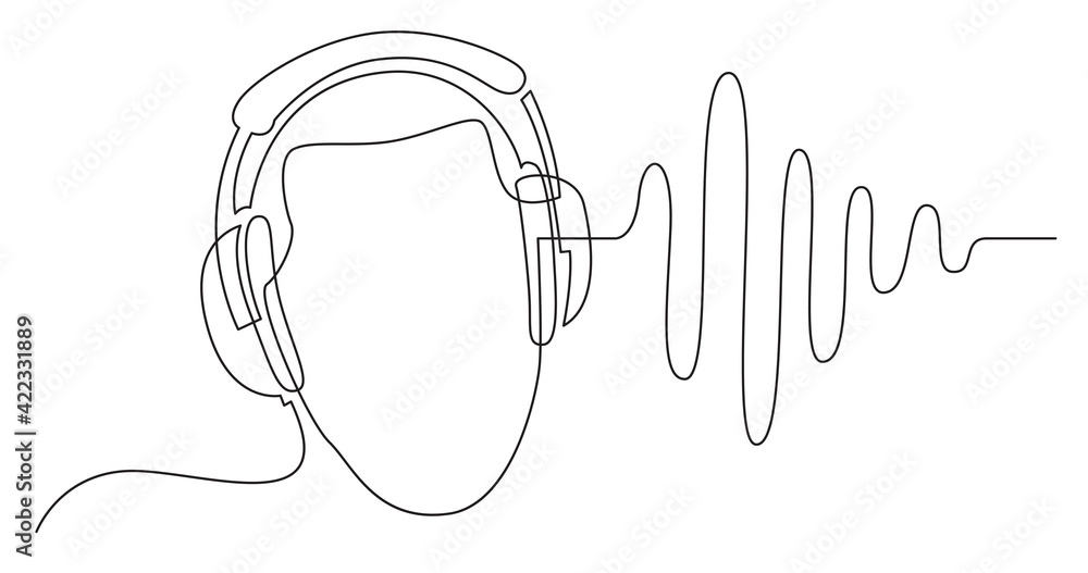 Wall mural continuous line drawing of man listening music in headphones wuth sound wave