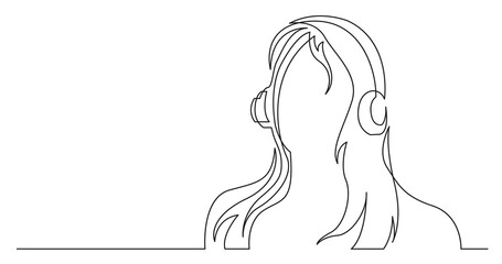 continuous line drawing of long hair woman listening music in headphones