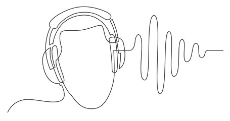 continuous line drawing of man listening music in headphones wuth sound wave