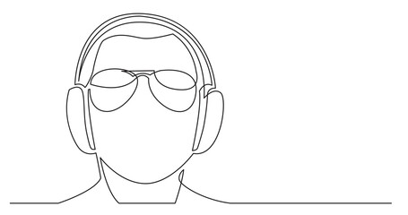 continuous line drawing of young stylish man in sunglasses listening music in headphones