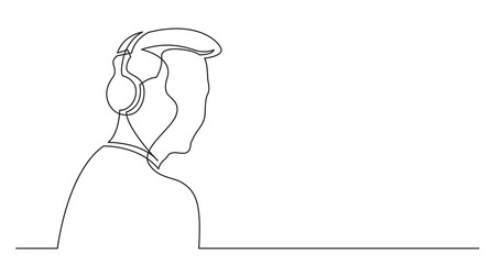continuous line drawing of young stylish man listening music in headphones
