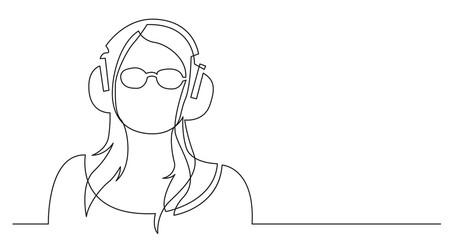 continuous line drawing of person listening music in headphones