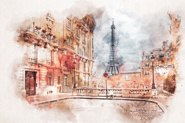 Watercolor painting of Eiffel Tower in Paris, France