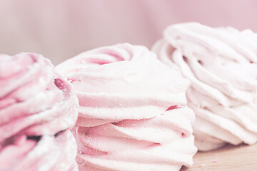 pink marshmallows close up, homemade zephyr
