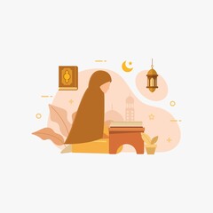 Muslim people reading and learning the quran islamic holy book design concept vector illustration