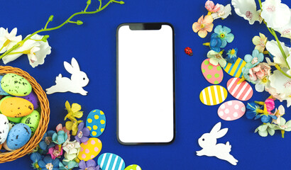 Easter template with blank white screen, modern spring mockup concept with flowers decoration