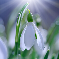 White snowdrops flower in sunny garden . Easter background.