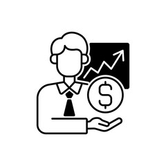 Sponsorship broker black linear icon. Increasing financial chart. Brokerage service. Trading stock specialist. Economy and finance increase. Outline symbol on white space. Vector isolated illustration