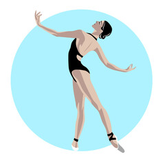 Ballerina in a swimsuit on a dark background. Vector illustration. Round sticker