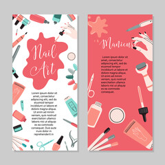 Manicure concept. Beauty studio and salon. Site header, banner, business card, brochure and flyer.Vector cartoon illustration