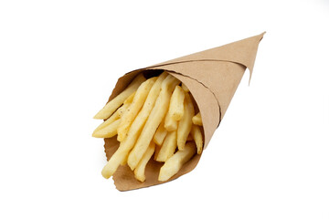 French fries in a paper wrapper on white background