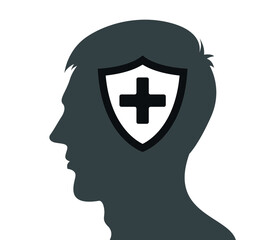 Virus protection: creative shield icon in human head. Immune system, vaccine, antibiotic protection icon. Modern vector illustration.
