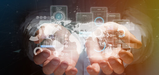 Businessman holding User interface screens with icon, stats and data 3d rendering