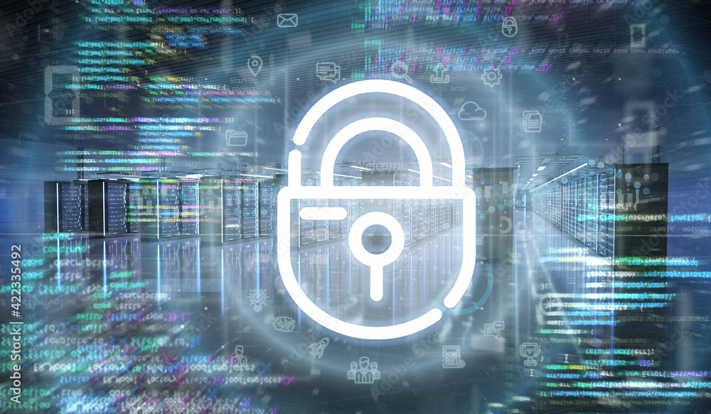 Poster digital locker icon in a server room data center - 3d rendering