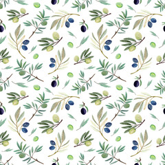 Watercolor hand-drawn olive pattern. Seamless colorful pattern with olives, olive branches, leaves on a white background.