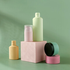 Сosmetics tubes skin care product on geometric pedestal for  branding. Blank unbranded flacons....