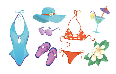 Summer subjects. Set of summer items with a swimsuit and other items. Design element, print, background, layout.