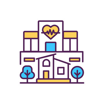 recommend clip art: Hospital building RGB color icon. Clinic in city district. Medical center in urban neighborhood. Centre for emergency first aid. Professional healthcare assistance. Isolated vector illustration