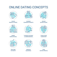Online dating concept icons set. Sharing common interests in internet idea thin line RGB color illustrations. Man and woman searching for partner vector isolated outline drawings. Editable stroke