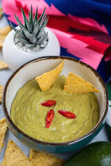 Bowl of guacamole dipping sauce with mexican poncho and cactus in the background, vertical shot