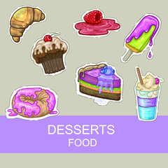 set of sweets, ice cream, donut, pie, cake, isolated vector