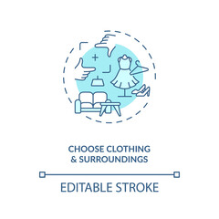 Choose clothing, surroundings concept icon. Successfull video call date tips idea thin line illustration. Getting dressed, find place at home vector isolated outline RGB color drawing. Editable stroke