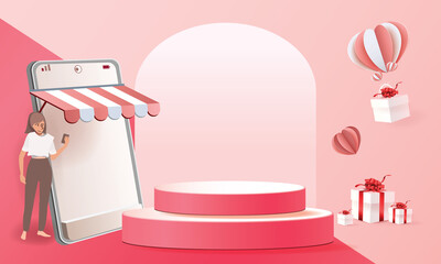 3d podium red product background for valentine.pink and heart love romance concept design vector illustation decoration banner 