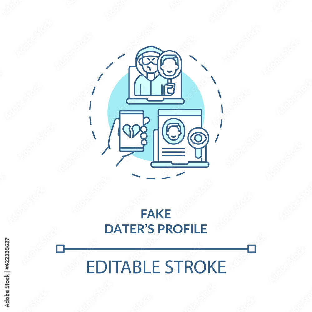 Poster fake dater profile on dating website concept icon. hackers steal money from app users idea thin line