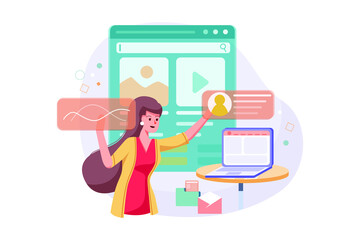 Young woman employee with professional equipment at working process. 