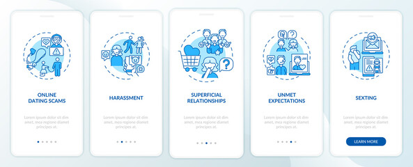 Harasment on dating website onboarding mobile app page screen with concepts. Sexting walkthrough 5 steps graphic instructions. UI, UX, GUI vector template with linear color illustrations