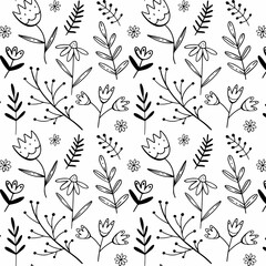 Fototapeta premium Simple black and white pattern with flowers and twigs and leaf in a doodle style. Vector illustration background for design.