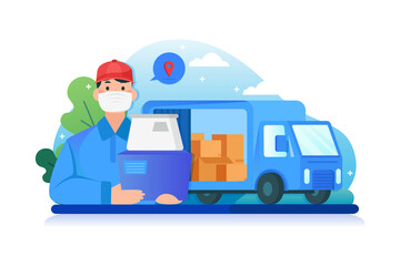 Delivery courier man with medical protective mask on his face holding package with delivery truck.