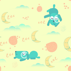 Sleeping month, sleeping puppy, seamless pattern