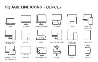 Devices, square line icon set
