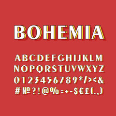 Fototapeta na wymiar Bohemia vintage 3d vector alphabet set. Retro bold font, typeface. Pop art stylized lettering. Old school style letters, numbers, symbols pack. 90s, 80s creative typeset design template