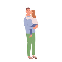 A man holds his little daughter in his arms. A little girl kisses her dad on the cheek. Illustration of happy father's day. Cute characters isolated on white.