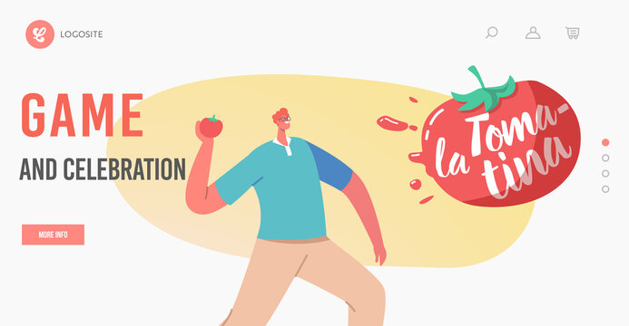 La Tomatina Holiday, Game or Celebration, Tomato Festival Landing Page Template. Characters Prepare to Throw Vegetable