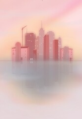 Tło z wieżowcami, drapaczami chmur i budynkami tworzacymi linię miasta lub centrum, w kolorach różowym, beżu i szarym.