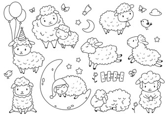 Cute sheep set. Kids coloring page. Hand drawn vector illustration. Black and white clip art.