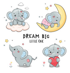 Little lovely elephant collection. Perfect for nursery poster, sticker kit, greeting card, party invitation,  tags