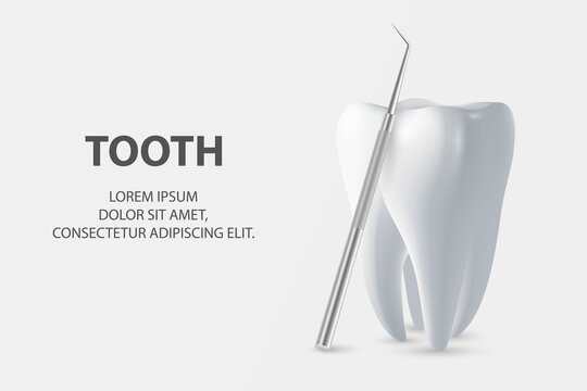 Vector 3d Realistic Tooth and Dental Probe for Teeth Closeup on White Background. Medical Dentist Tool. Design Template, Clipart, Mockup. Dentistry, Healthcare, Hygiene Concept