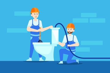 Plumbers are soaking up the water and cleaning the toilet.